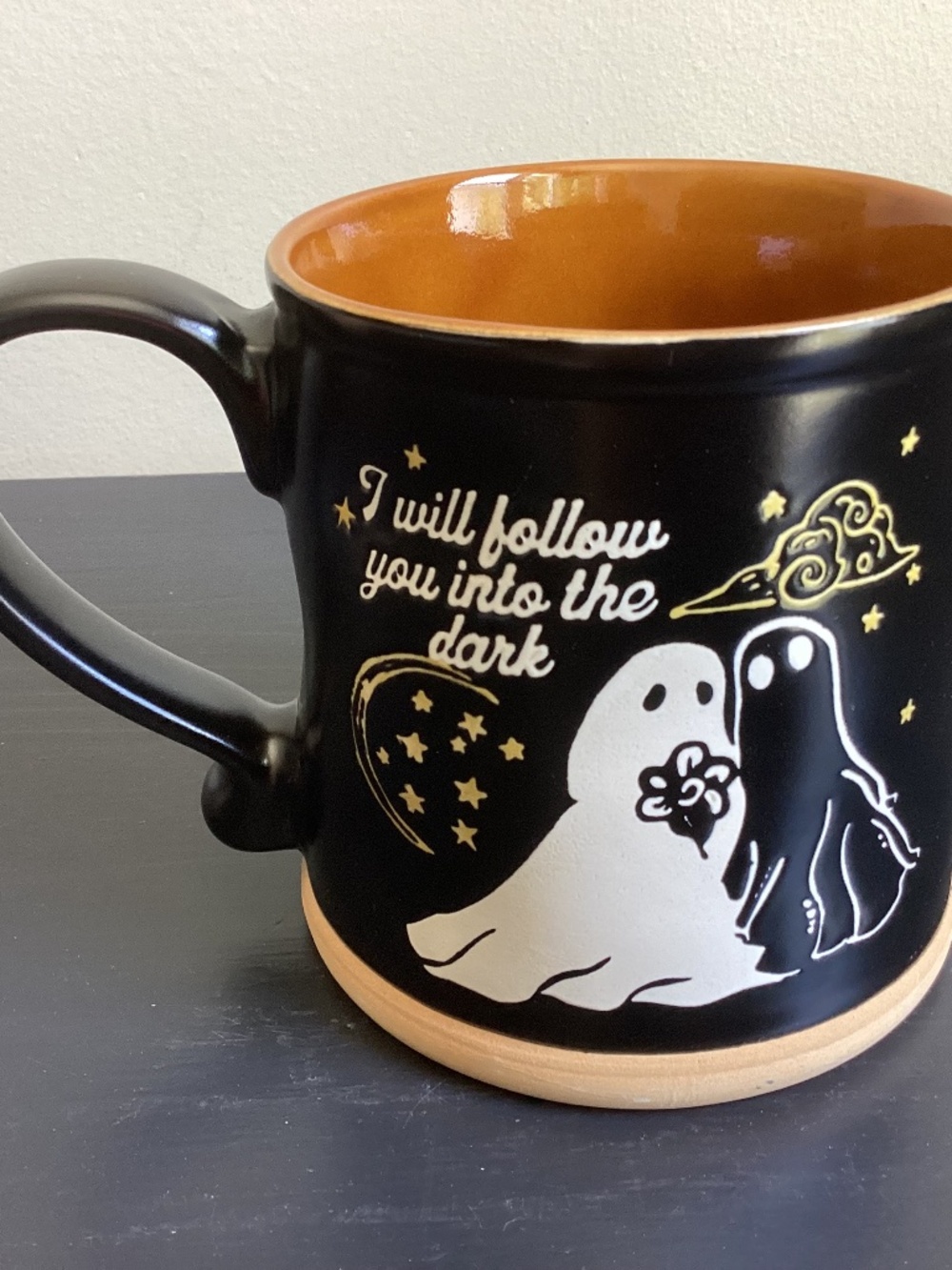 Brand New Black Ceramic Embossed Halloween Mug “I will follow you into the dark”